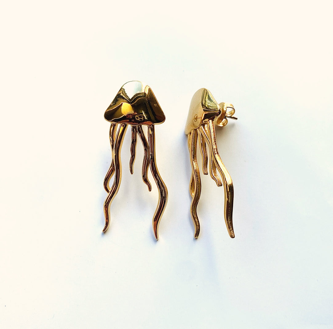 Golden jellyfish stud earrings Lula Sea Jewellery Nz